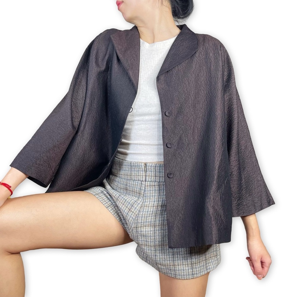 Eileen Fisher Chocolate Brown Crinkle 100% Silk Shirt Jacket Shacket Size M - Picture 3 of 16